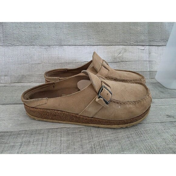 Birkenstock Buckley Size 39 Tan Suede Slip-On Clogs With Buckle & Cork Sole - Picture 1 of 5